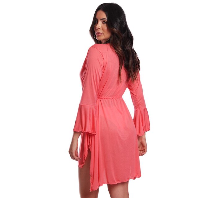 Saída De Praia Vih Triny De Ponta Chemise Feminino Moda Verão Rosa