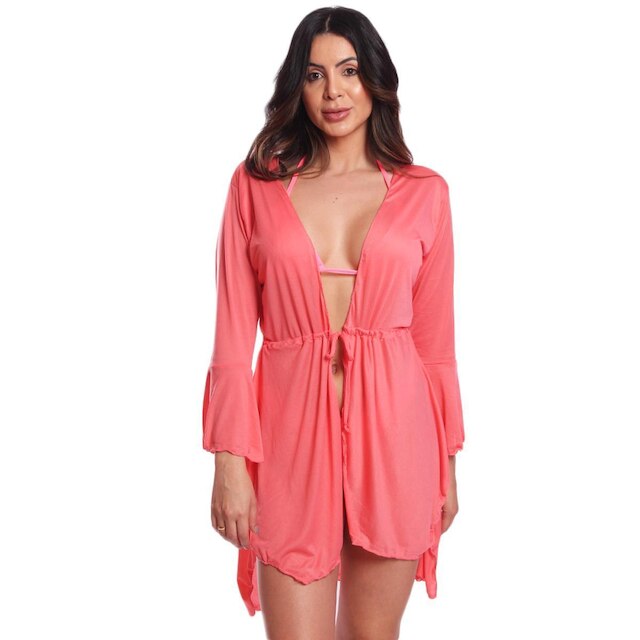 Saída De Praia Vih Triny De Ponta Chemise Feminino Moda Verão Rosa