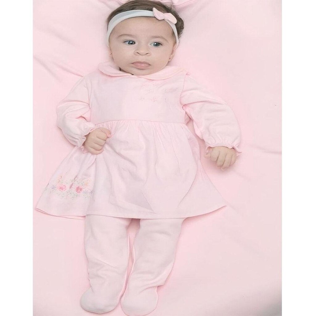 Saída Maternidade Algodão Bordado Vestido Rosa 5 Pçs Fofinho