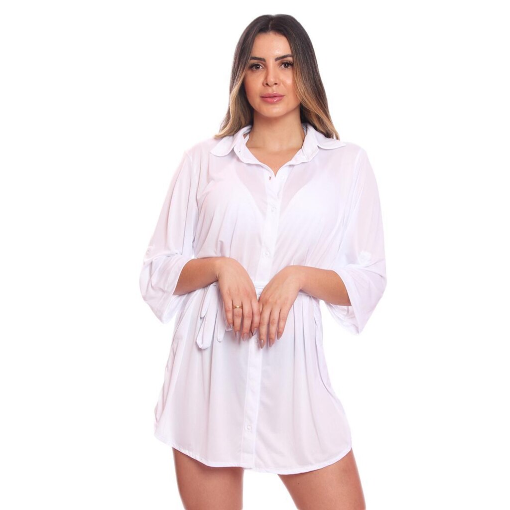 Saída Praia Piscina Chemise Camisão Feminino Cinto Botão Vih Triny Branco