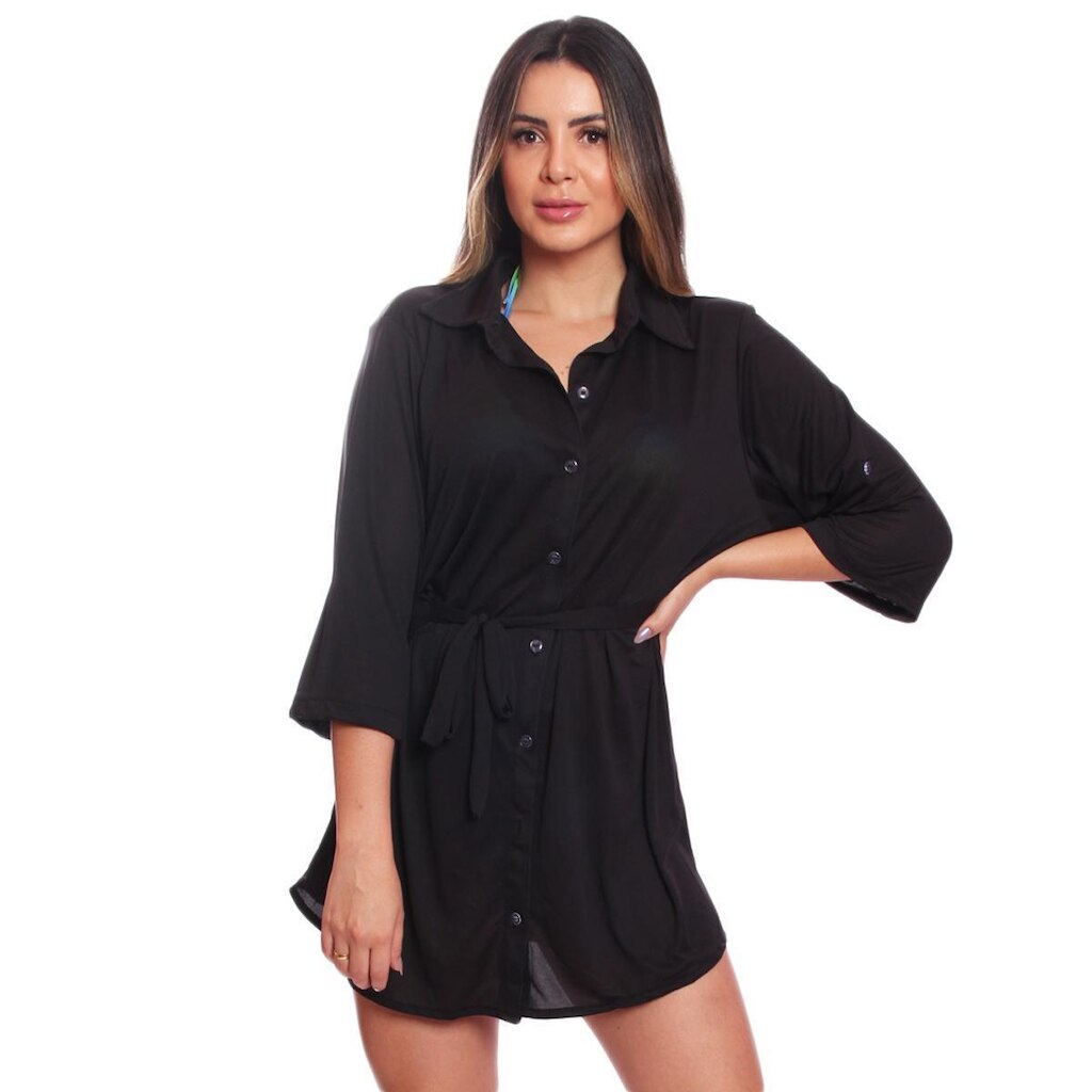 Saída Praia Piscina Chemise Camisão Feminino Cinto Botão Vih Triny Preto