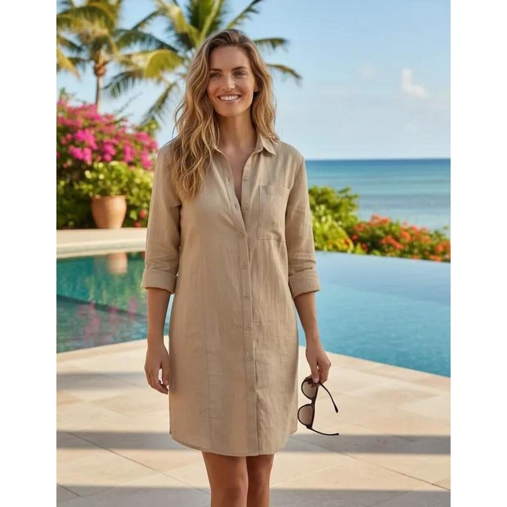 Saídas De Praia Feminina Manga Longa Estilo Camisão Chemise Vestido Chamise De Praia Leve Com Bolso