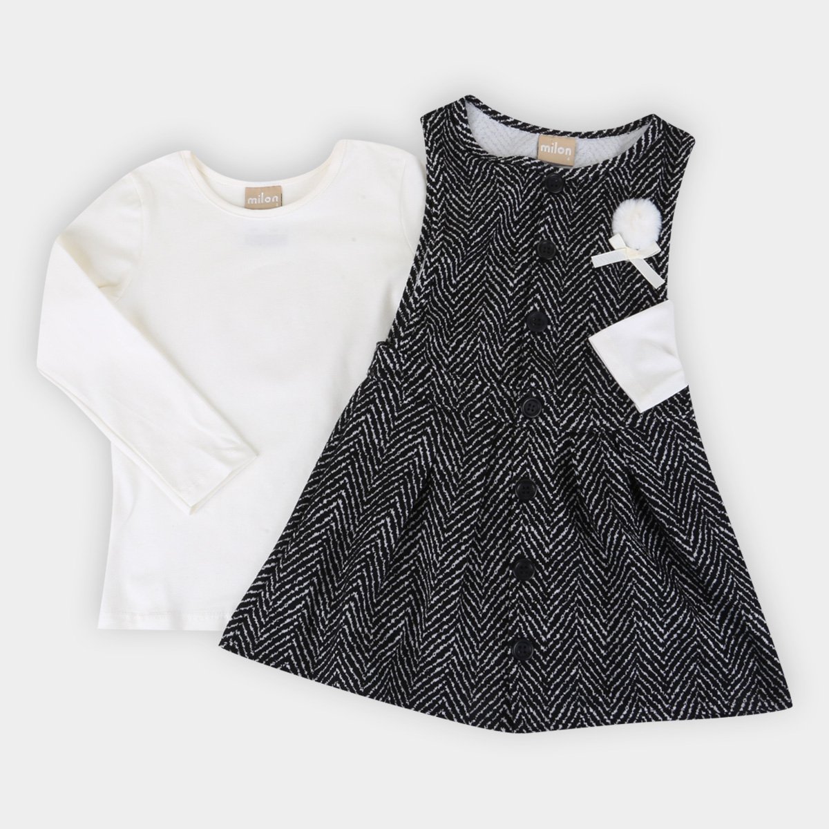 Salopete Infantil Milon E Blusa Manga Longa Com Pompom - Preto Menor preço em Salopete Infantil Milon E Blusa Manga Longa Com Pompom - Preto