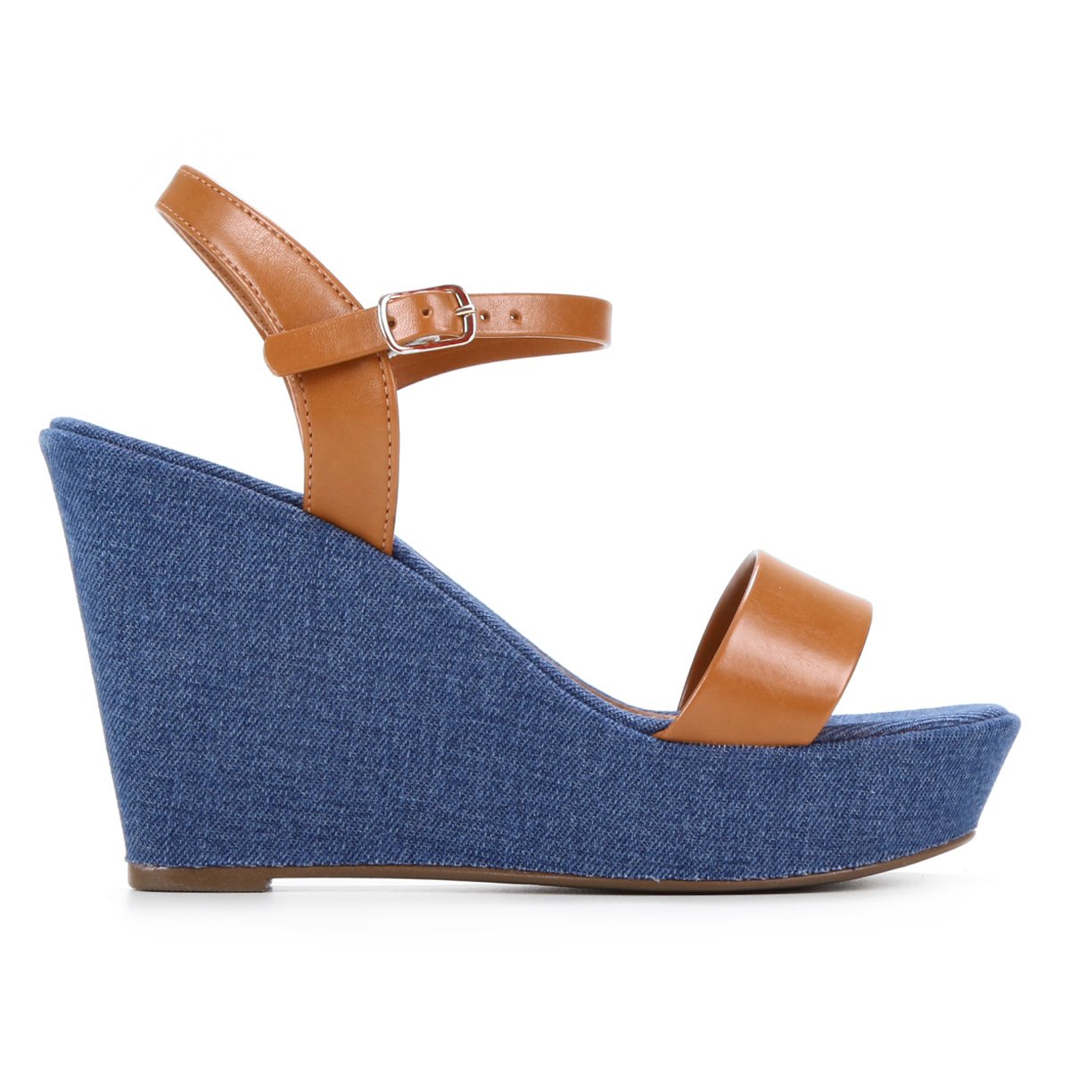 Sandália Anabela Ala Pulseira Com Ajuste Feminina - Azul+Caramelo Menor preço em Sandália Anabela Ala Pulseira Com Ajuste Feminina - Azul+Caramelo