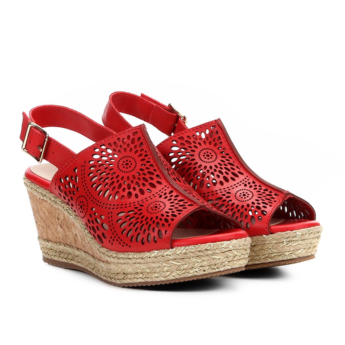 Sandália Anabela Couro Bottero Laser Cortiça Corda Feminina - Vermelho Menor preço em Sandália Anabela Couro Bottero Laser Cortiça Corda Feminina - Vermelho