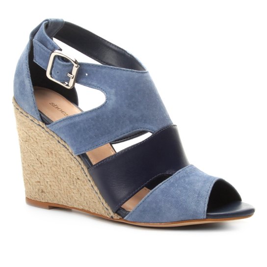 Sandália Anabela Couro Shoestock Mix Cores Feminina - Azul