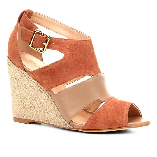 Sandália Anabela Couro Shoestock Mix Cores Feminina - Marrom
