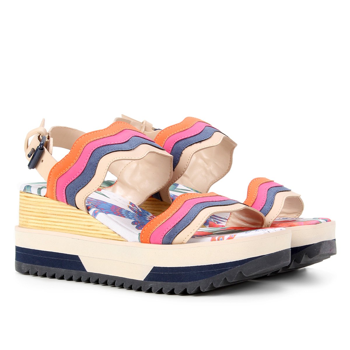 Sandália Anabela Farm Cunho Madeira Ondas Feminina - Rosa | Zattini