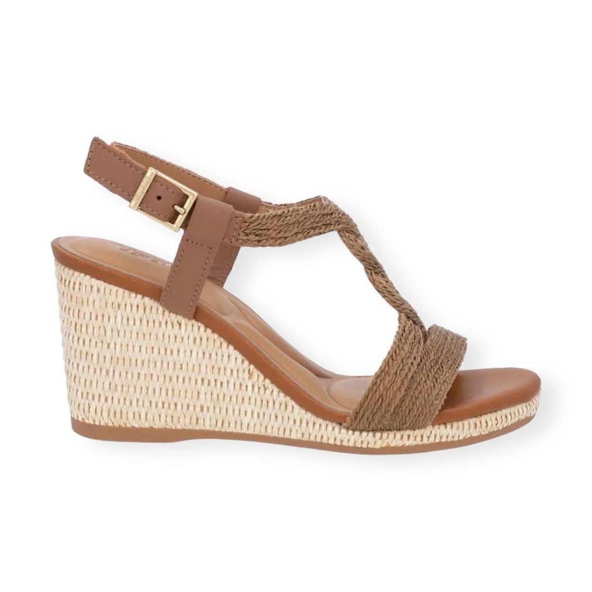 Sandalia Anabela Feminina Usaflex Couro Salto Alto Palha