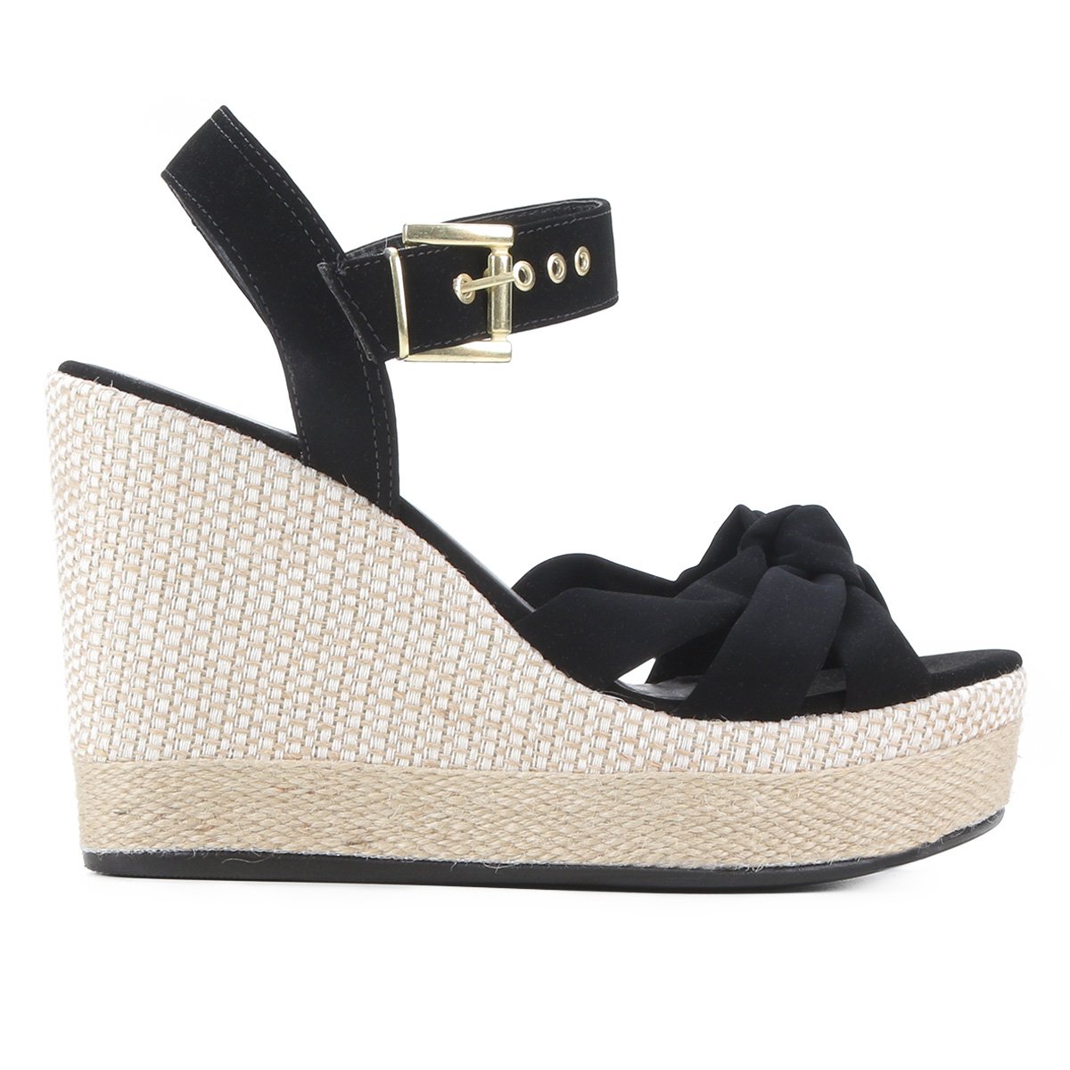 Sandália Anabela Griffe Salto Tiras Nó Feminina - Preto Menor preço em Sandália Anabela Griffe Salto Tiras Nó Feminina - Preto