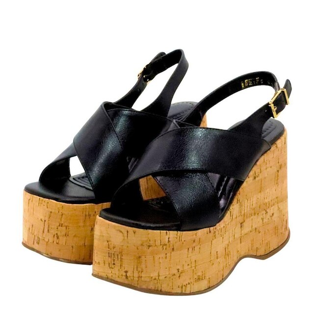 Sandalia Anabela Plataforma Leruchel Transpassada Preto