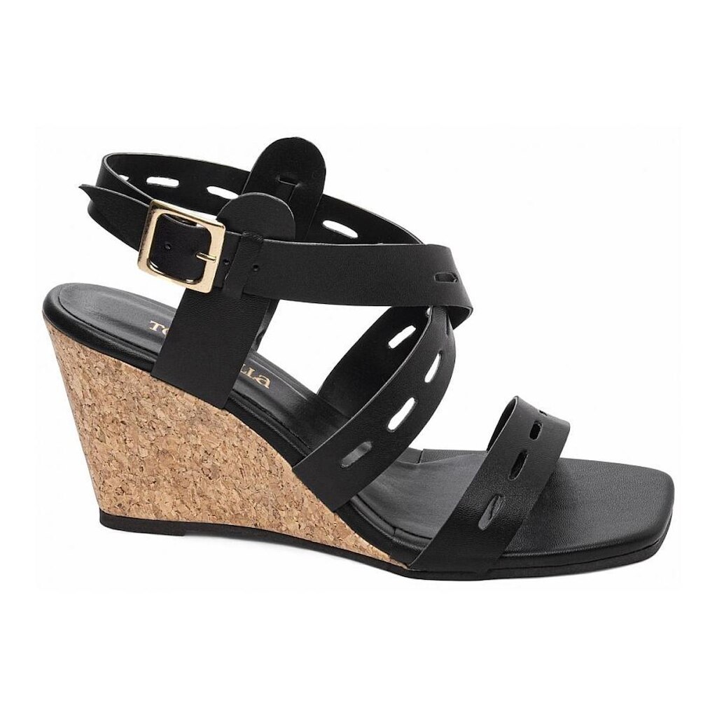 Sandália Anabela Salto Plataforma 7 cm Feminina Fivela Dourada Preto