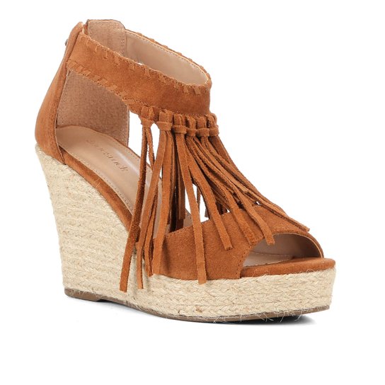 Sandália Anabela Shoestock Corda Franja Feminina - Caramelo