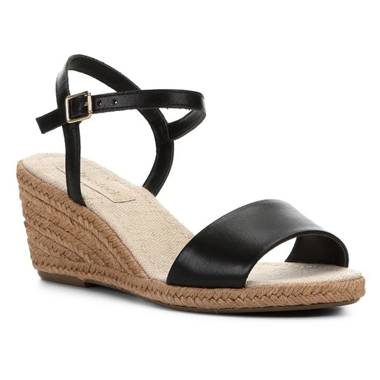 Sandália Anabela Shoestock Couro Corda Feminina - Preto