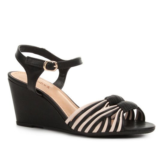 Sandália Anabela Shoestock Tiras Bicolor Feminina - Preto