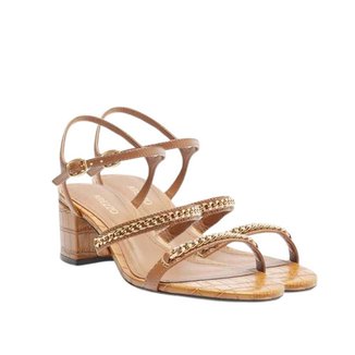 Sandália Arezzo Marrom Croco Salto Médio Tiras Corrente