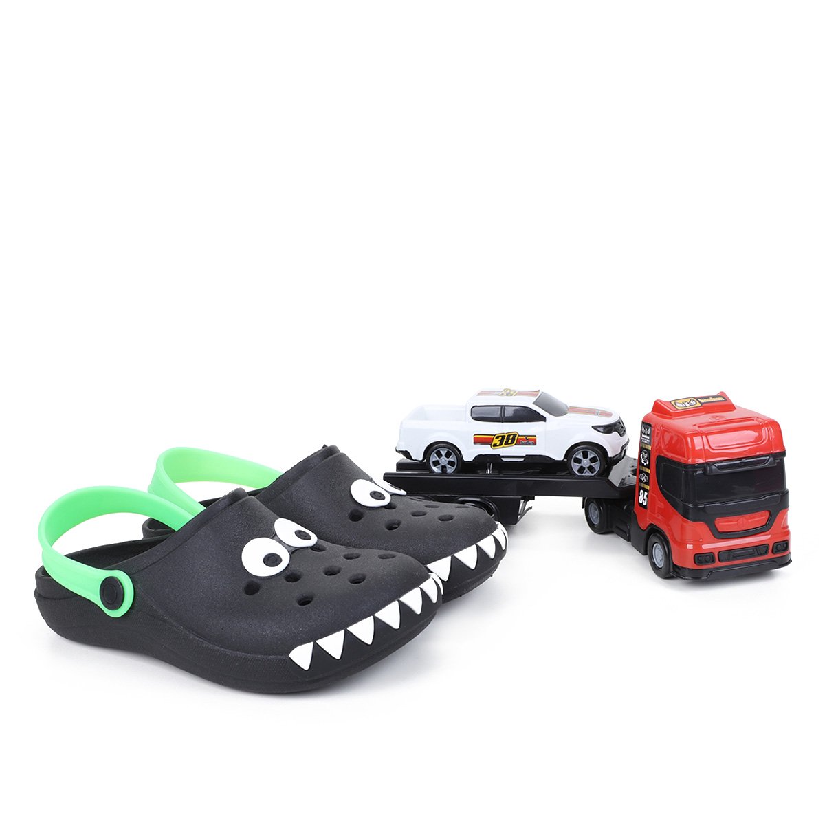 Sandália Babuche Infantil Luelua Monstrinhos + Mini Reboque Caminhão - Preto+verde Menor preço em Sandália Babuche Infantil Luelua Monstrinhos + Mini Reboque Caminhão - Preto+verde