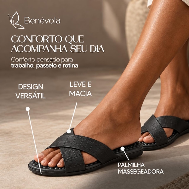 Sandália Benévola Feminina Rasteira Slide EVA Leve Palmilha Massageadora Tiras Cruzadas Confortável
