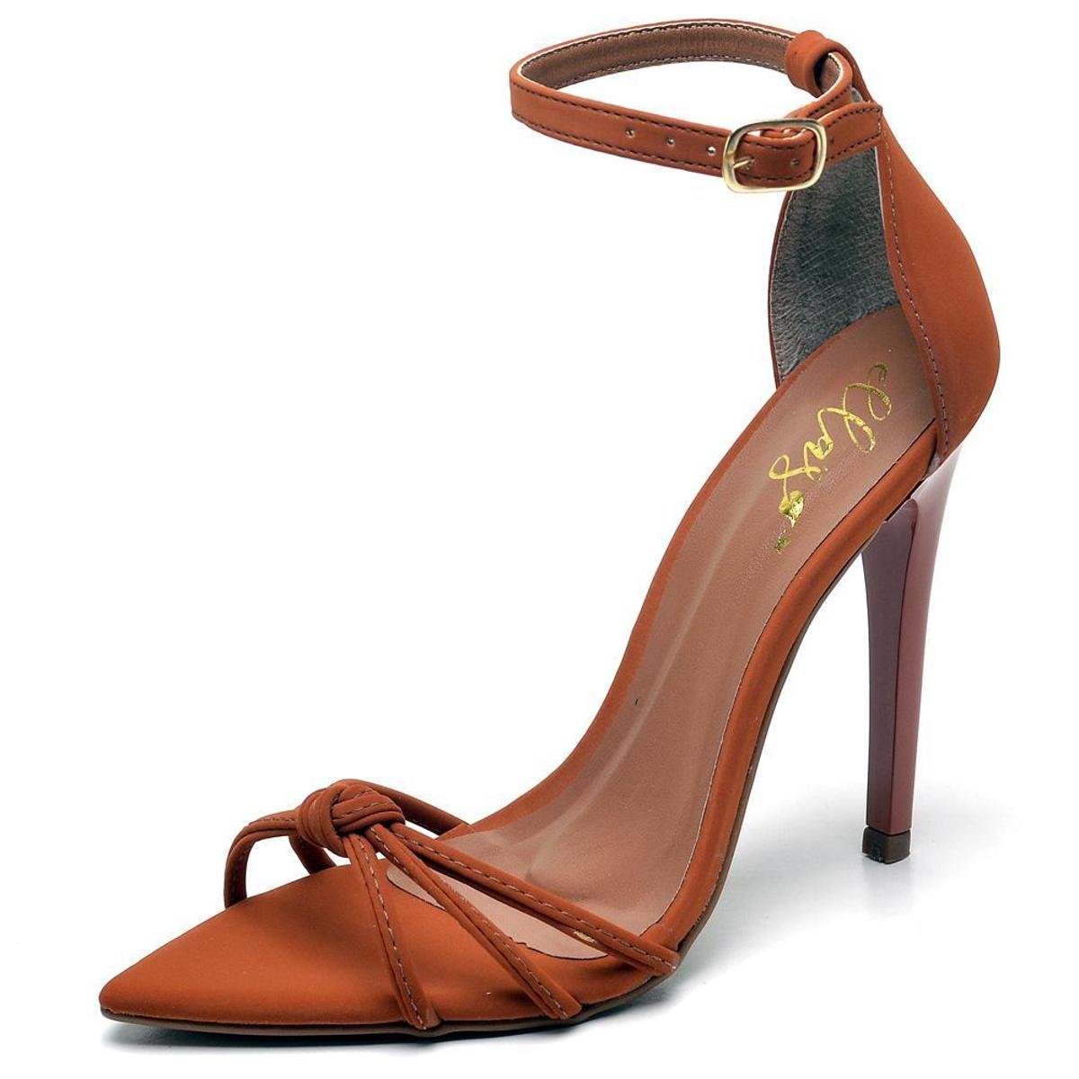 Sandalia Bico Folha Feminina com Tiras Detalhe em Nó Salto Fino - Laranja Menor preço em Sandalia Bico Folha Feminina com Tiras Detalhe em Nó Salto Fino - Laranja