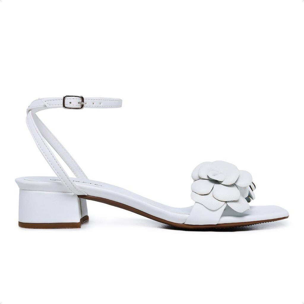 Sandalia Bico Quadrado Leruchel Flor Salto Baixo Branco
