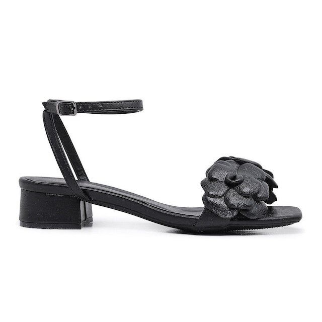 Sandalia Bico Quadrado Leruchel Flor Salto Baixo Preto
