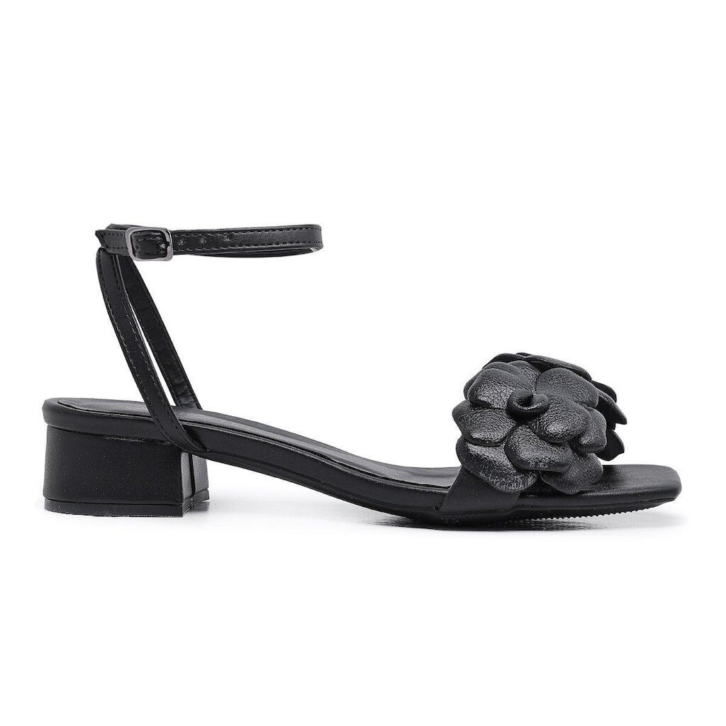 Sandalia Bico Quadrado Leruchel Flor Salto Baixo Preto