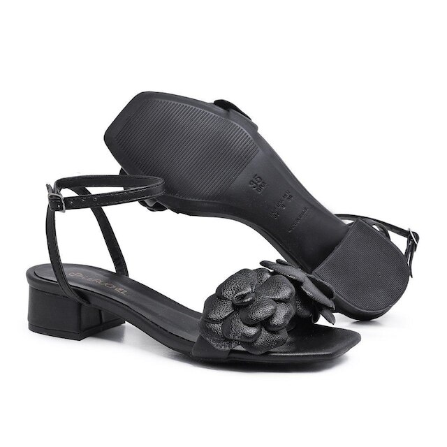 Sandalia Bico Quadrado Leruchel Flor Salto Baixo Preto