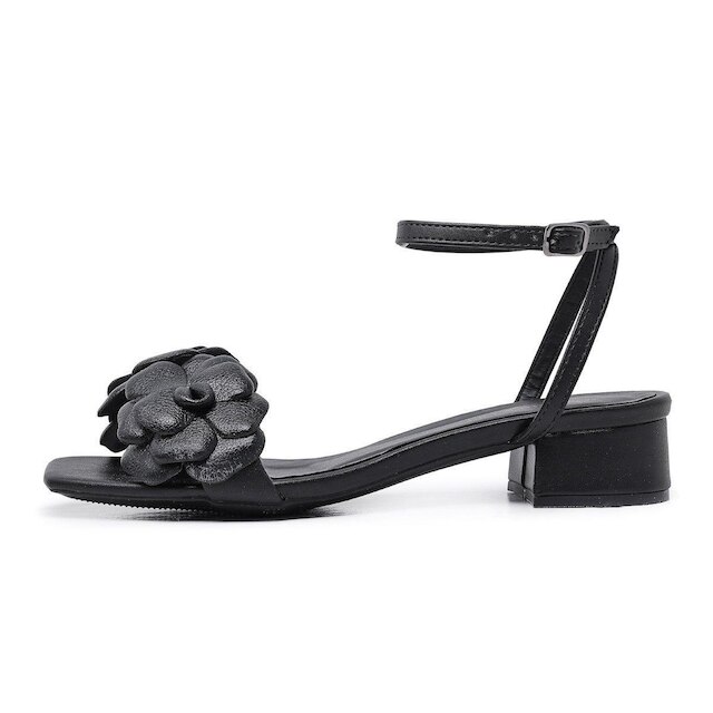 Sandalia Bico Quadrado Leruchel Flor Salto Baixo Preto
