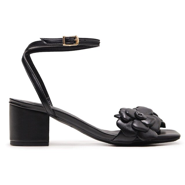 Sandalia Bico Quadrado Leruchel Flor Salto Grosso Preto Feminina