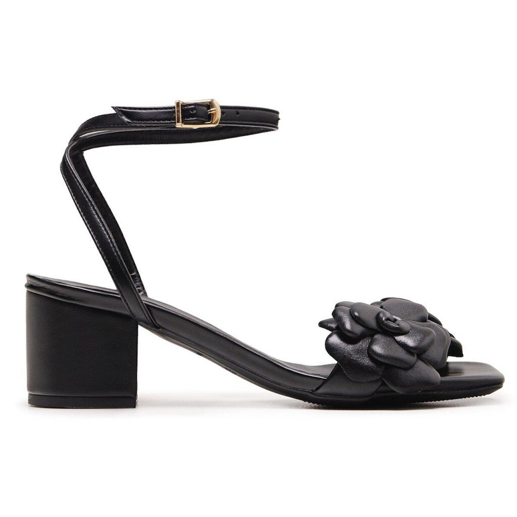 Sandalia Bico Quadrado Leruchel Flor Salto Grosso Preto Feminina