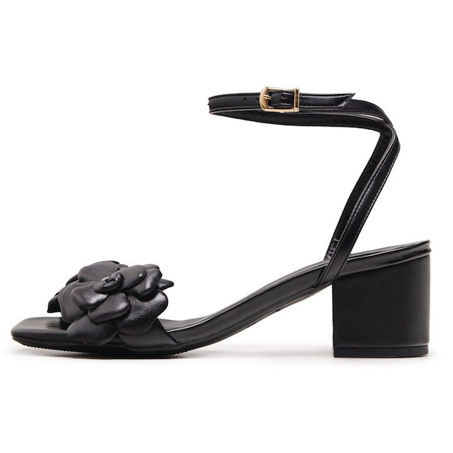 Sandalia Bico Quadrado Leruchel Flor Salto Grosso Preto Feminina