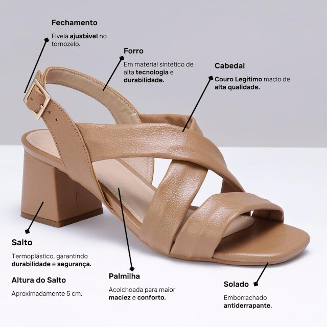 Sandalia Bico Quadrado Leruchel Salto Grosso Transpassada Bege