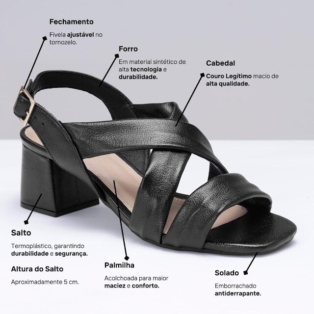 Sandalia Bico Quadrado Leruchel Salto Grosso Transpassada Preto