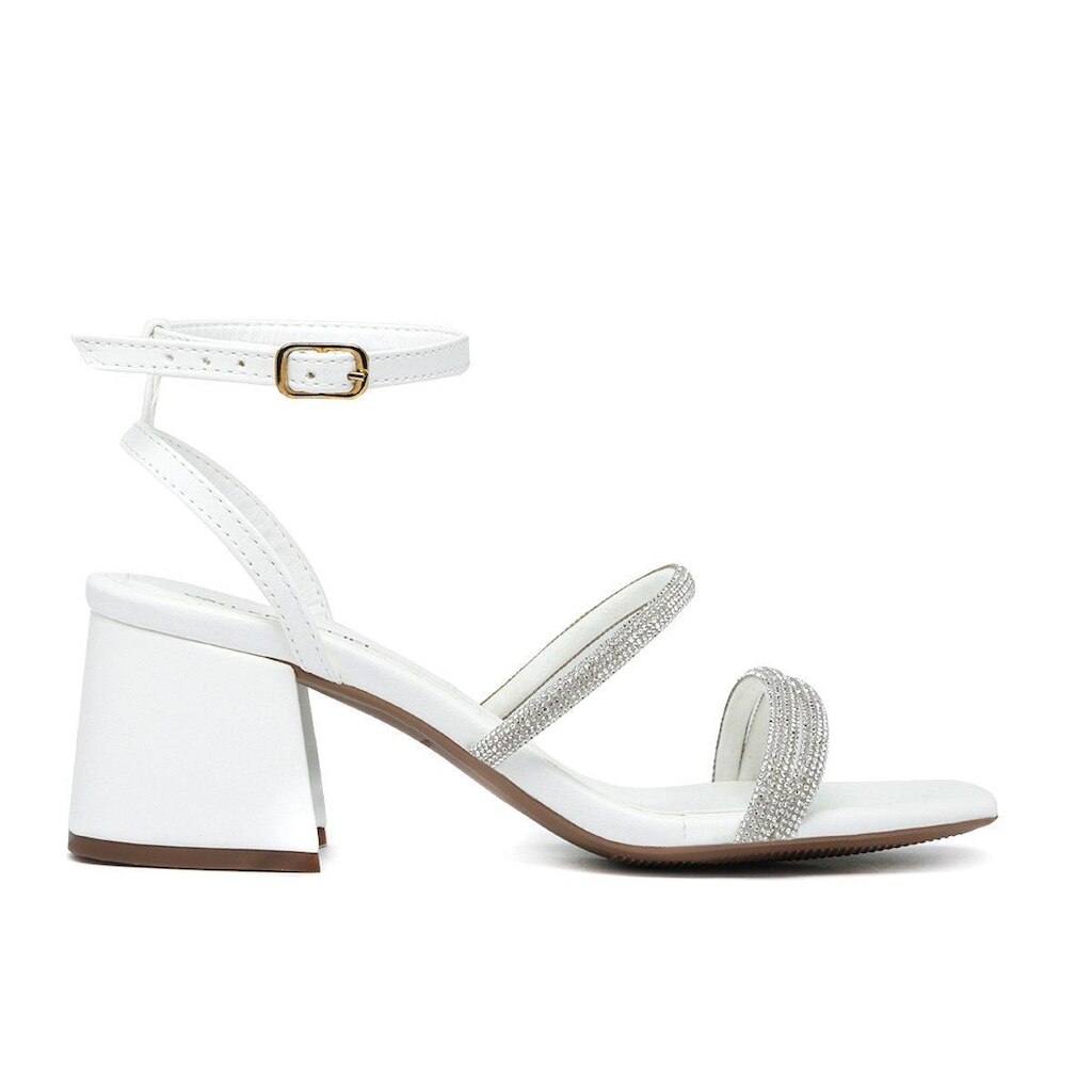 Sandalia Bico Quadrado Leruchel Tiras Salto Grosso Strass Branco