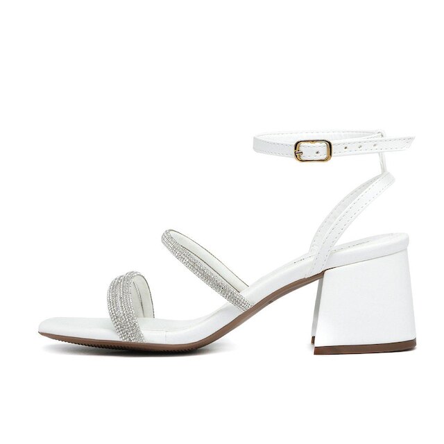 Sandalia Bico Quadrado Leruchel Tiras Salto Grosso Strass Branco