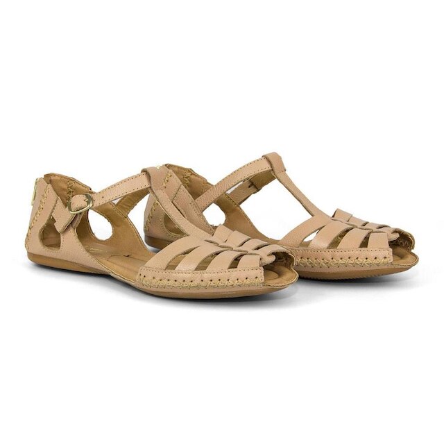 Sandalia Casual Feminina Tiras de Couro com Costura Manual Fivela e Ziper