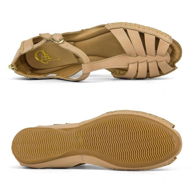 Sandalia Casual Feminina Tiras de Couro com Costura Manual Fivela e Ziper