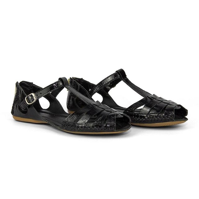 Sandalia Casual Feminina Tiras de Couro com Costura Manual Fivela e Ziper