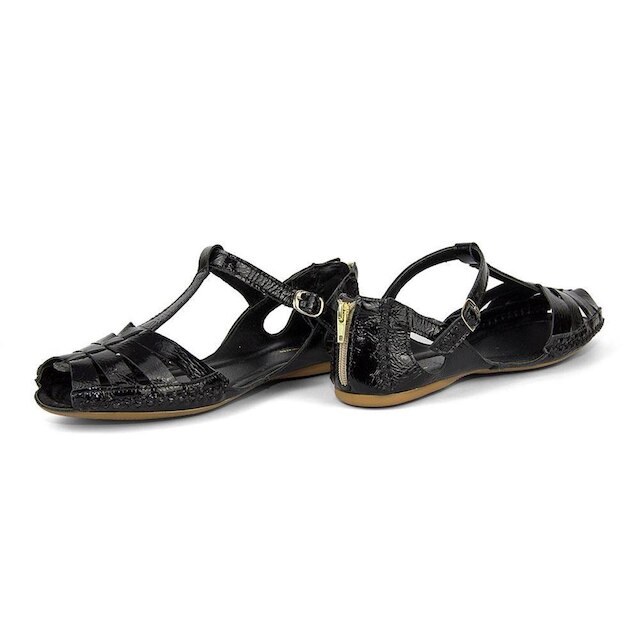 Sandalia Casual Feminina Tiras de Couro com Costura Manual Fivela e Ziper