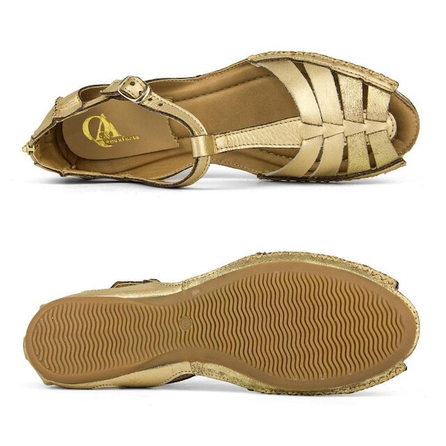 Sandalia Casual Feminina Tiras de Couro com Costura Manual Fivela e Ziper