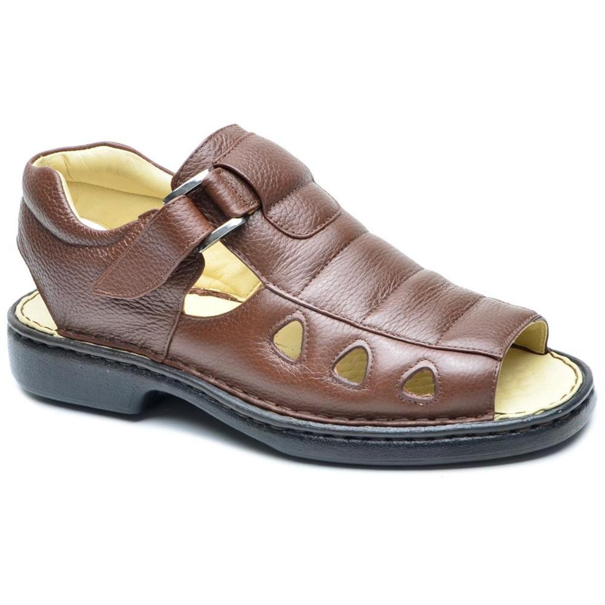 Sandália Casual Masculina Couro Fivela Conforto Macia Lisa - Marrom Escuro Menor preço em Sandália Casual Masculina Couro Fivela Conforto Macia Lisa - Marrom Escuro