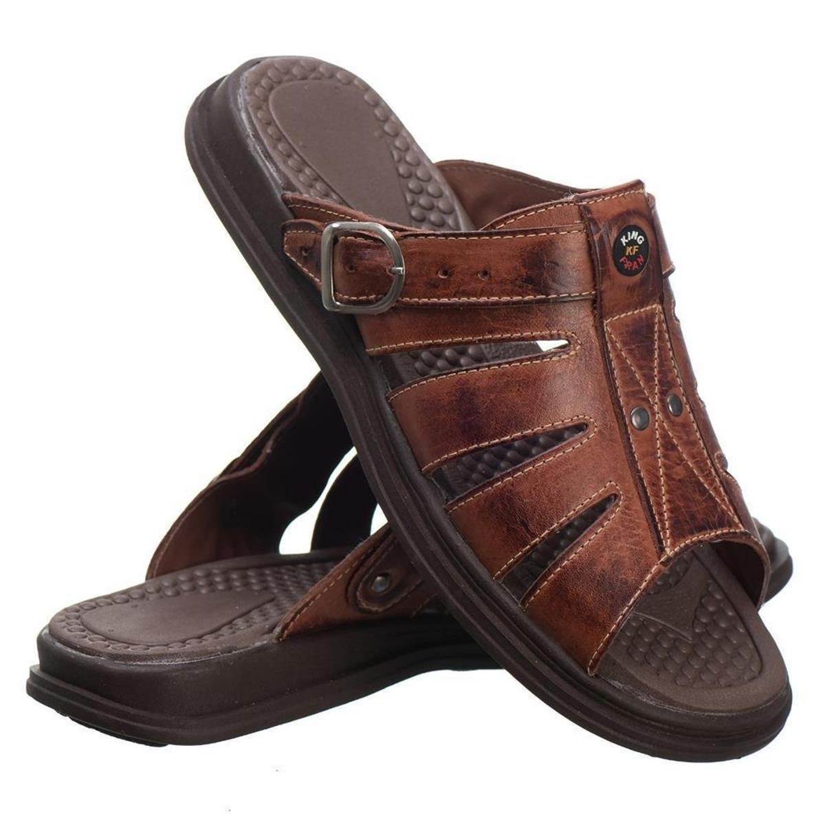 Sandália Casual Masculina Couro Tiras Confortável Macia Leve - Marrom Menor preço em Sandália Casual Masculina Couro Tiras Confortável Macia Leve - Marrom