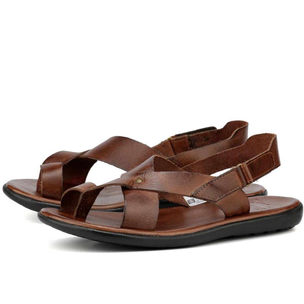 Sandalia Casual Masculina Em Couro com Tira Auto Colante e Sola Borracha - Marrom Menor preço em Sandalia Casual Masculina Em Couro com Tira Auto Colante e Sola Borracha - Marrom