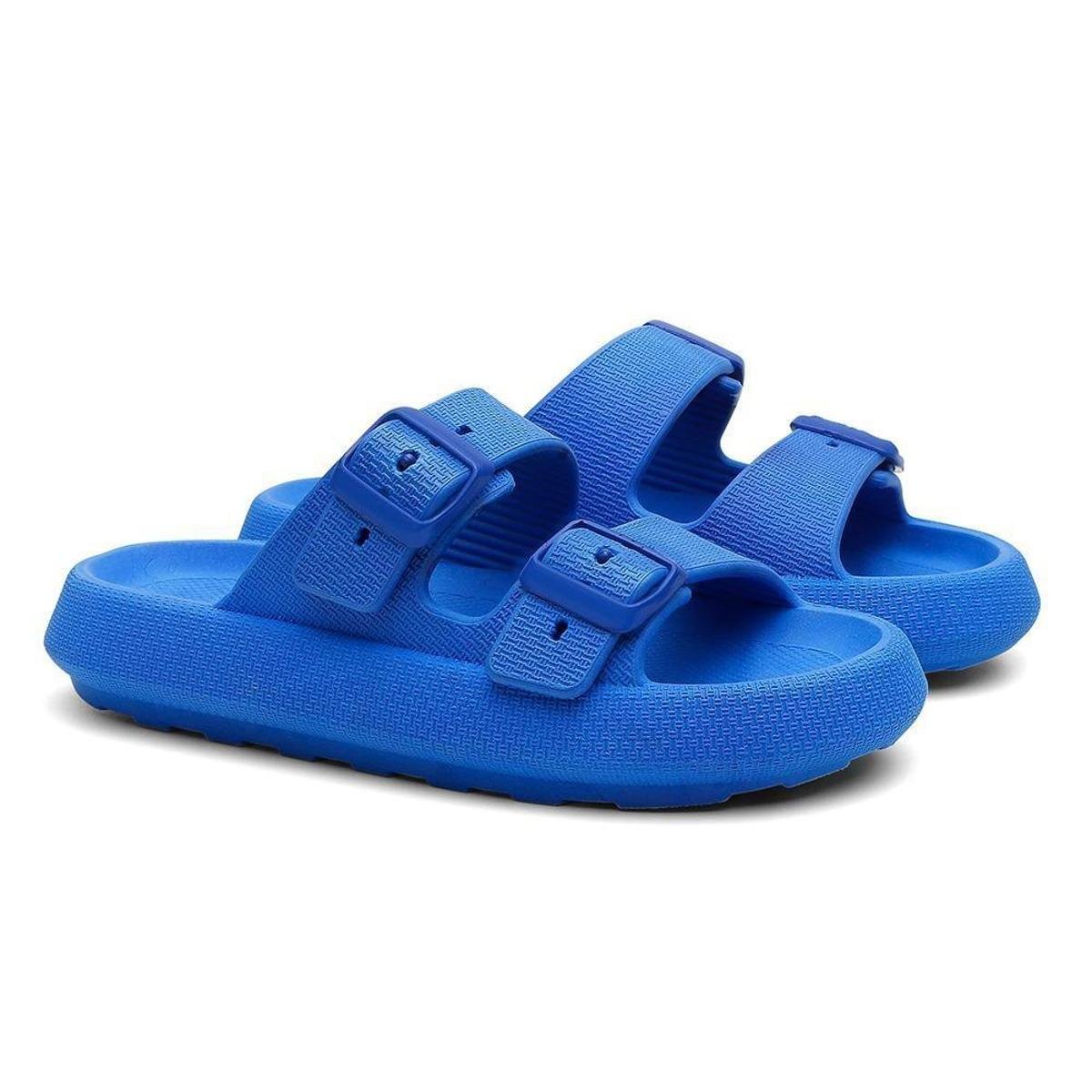 Sandália Chinelo Slide Conforto Feminina Duas Tiras com Fivela - Azul Menor preço em Sandália Chinelo Slide Conforto Feminina Duas Tiras com Fivela - Azul