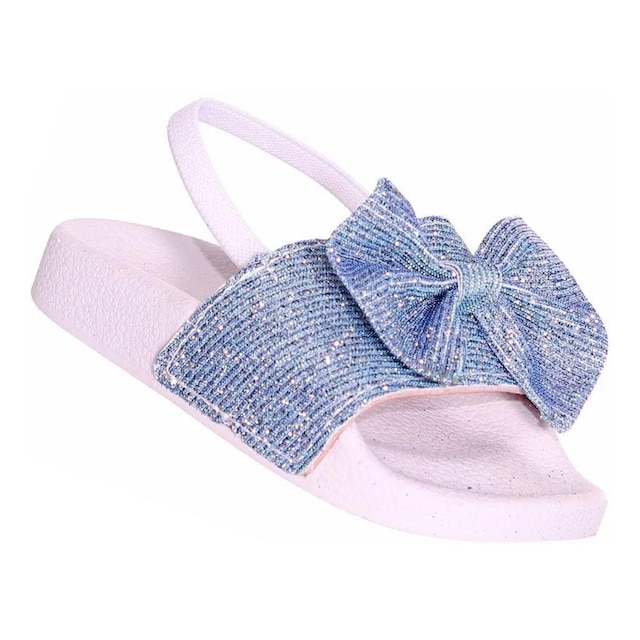 Sandalia Chinelo Slide lacinho Feminina Branco Azul Glitter com Elástico