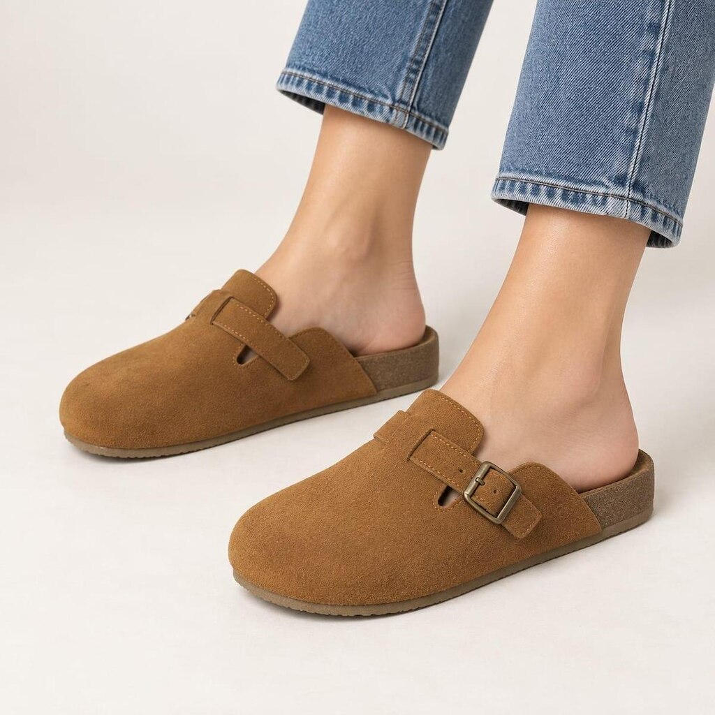 Sandália Clog Feminina Couro Genuíno Fivela Ajuste Conforto