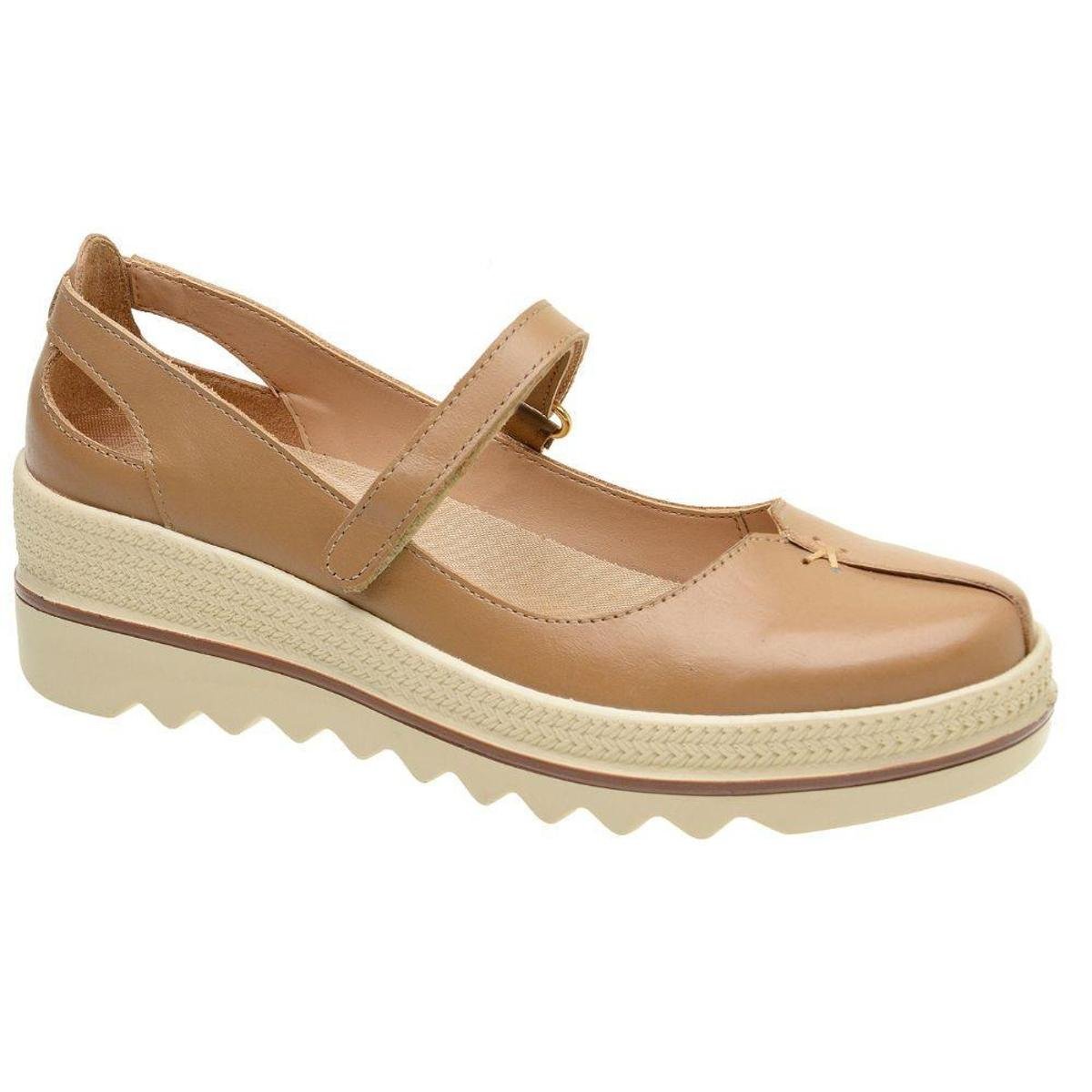 Sandalia Conforto Anabela em Couro Feminino Lisa com Fivela Lateral - Bege Menor preço em Sandalia Conforto Anabela em Couro Feminino Lisa com Fivela Lateral - Bege