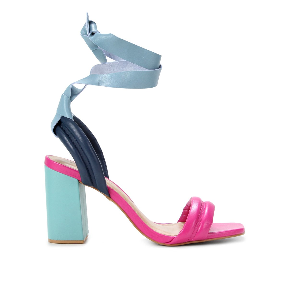 Sandália Couro Carrano Bicolor Amarração Feminina - Rosa+Azul