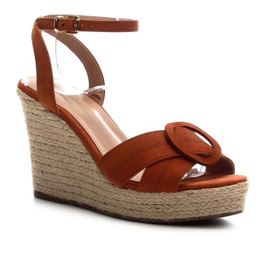 Sandália Couro Shoestock Anabela Entrelaço Feminina - Caramelo