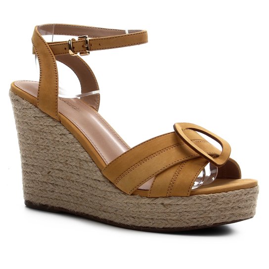Sandália Couro Shoestock Anabela Entrelaço Feminina - Amarelo